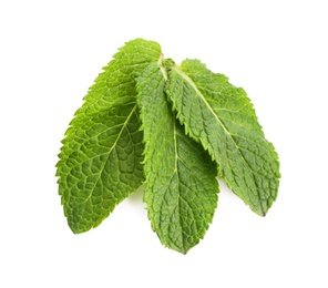 Photo of Fresh green mint leaves on white background