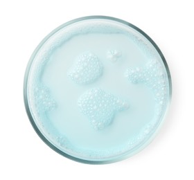 Photo of Petri dish with light blue liquid sample on white background, top view