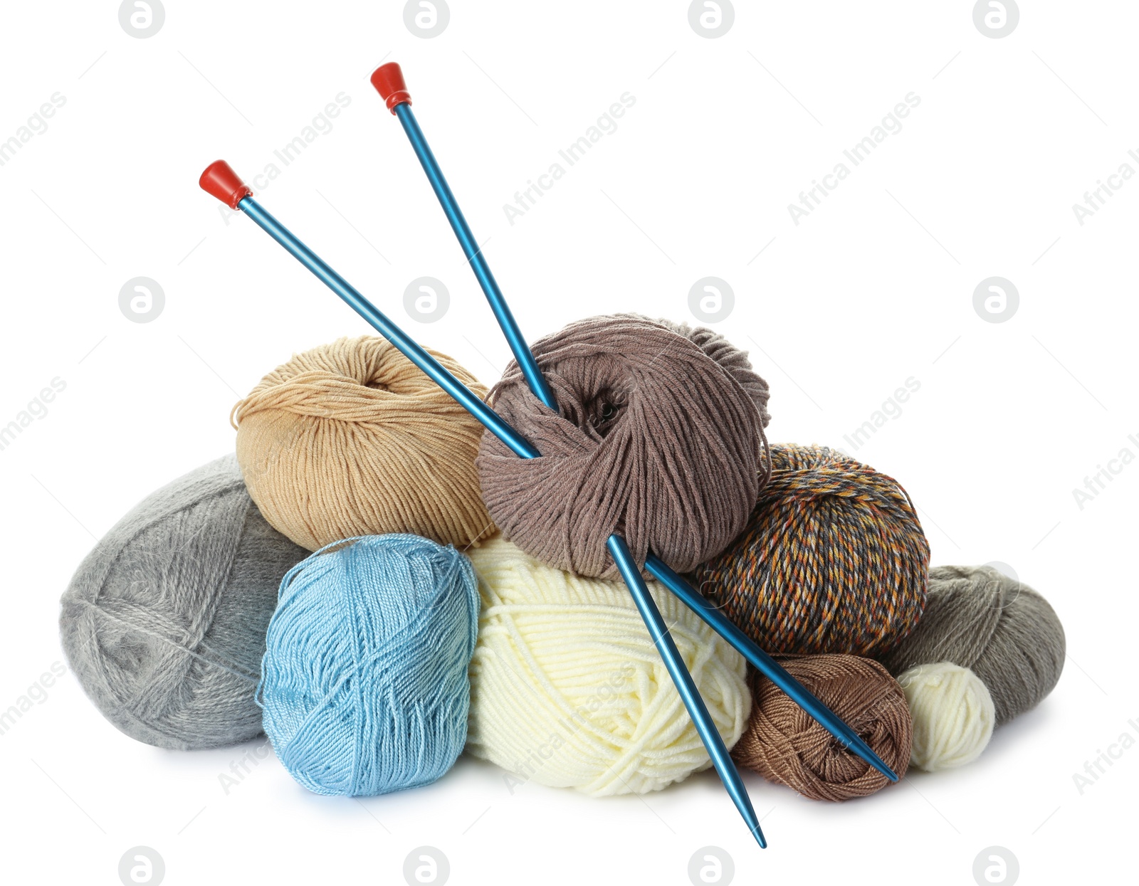 Photo of Different balls of woolen knitting yarns on white background