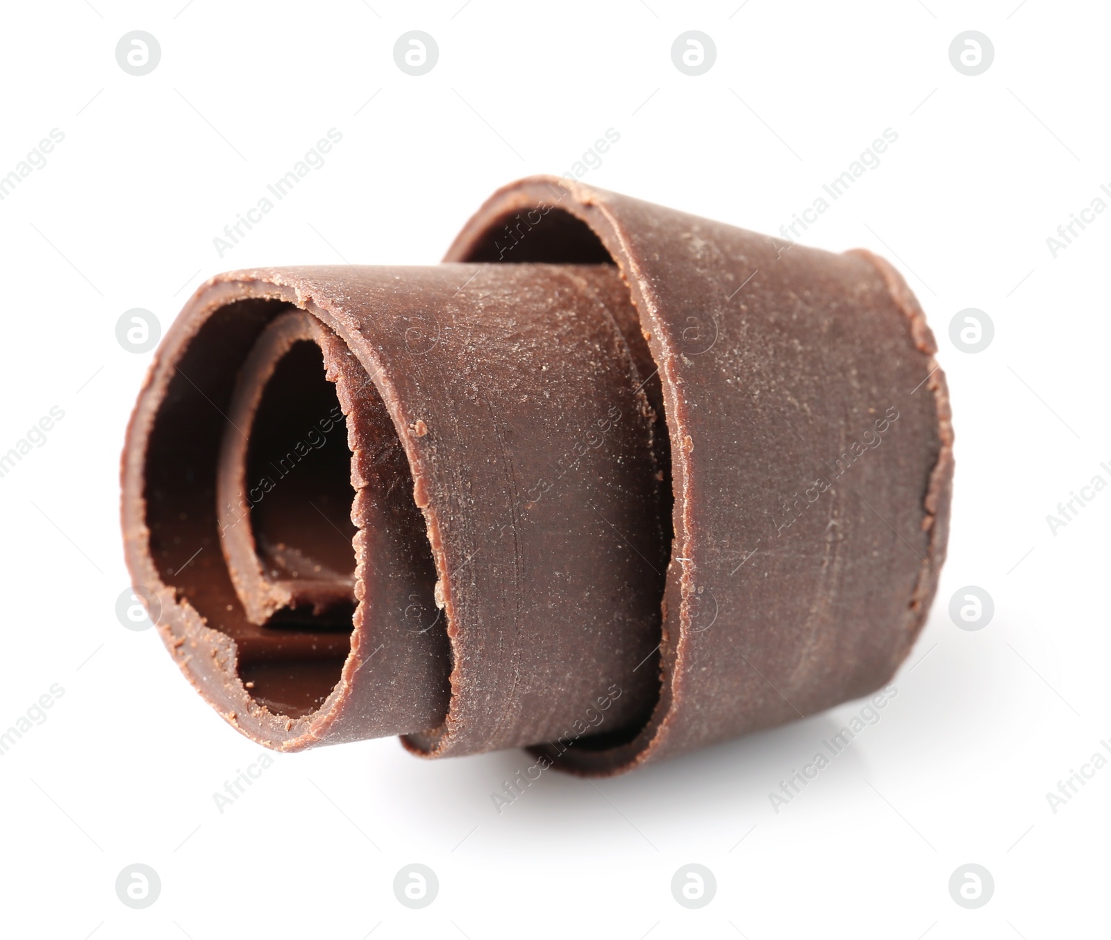 Photo of Yummy chocolate curl for decor on white background