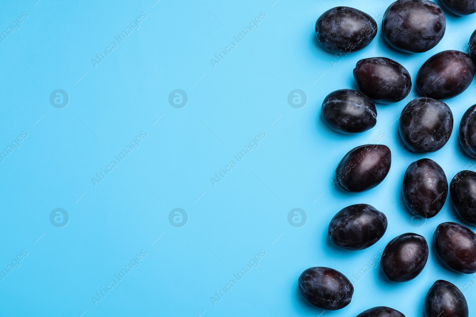 Photo of Delicious ripe plums on light blue background, flat lay. Space for text
