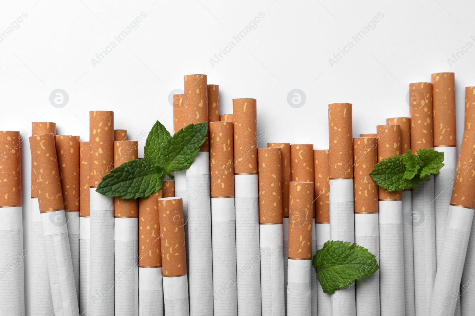 Photo of Menthol cigarettes and fresh mint leaves on white background, flat lay