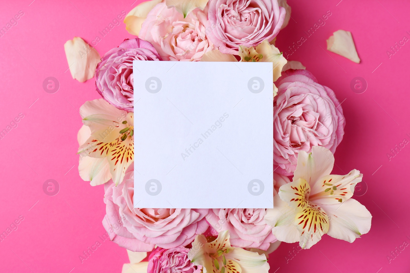 Photo of Empty greeting card with flowers on color background, top view. Space for text