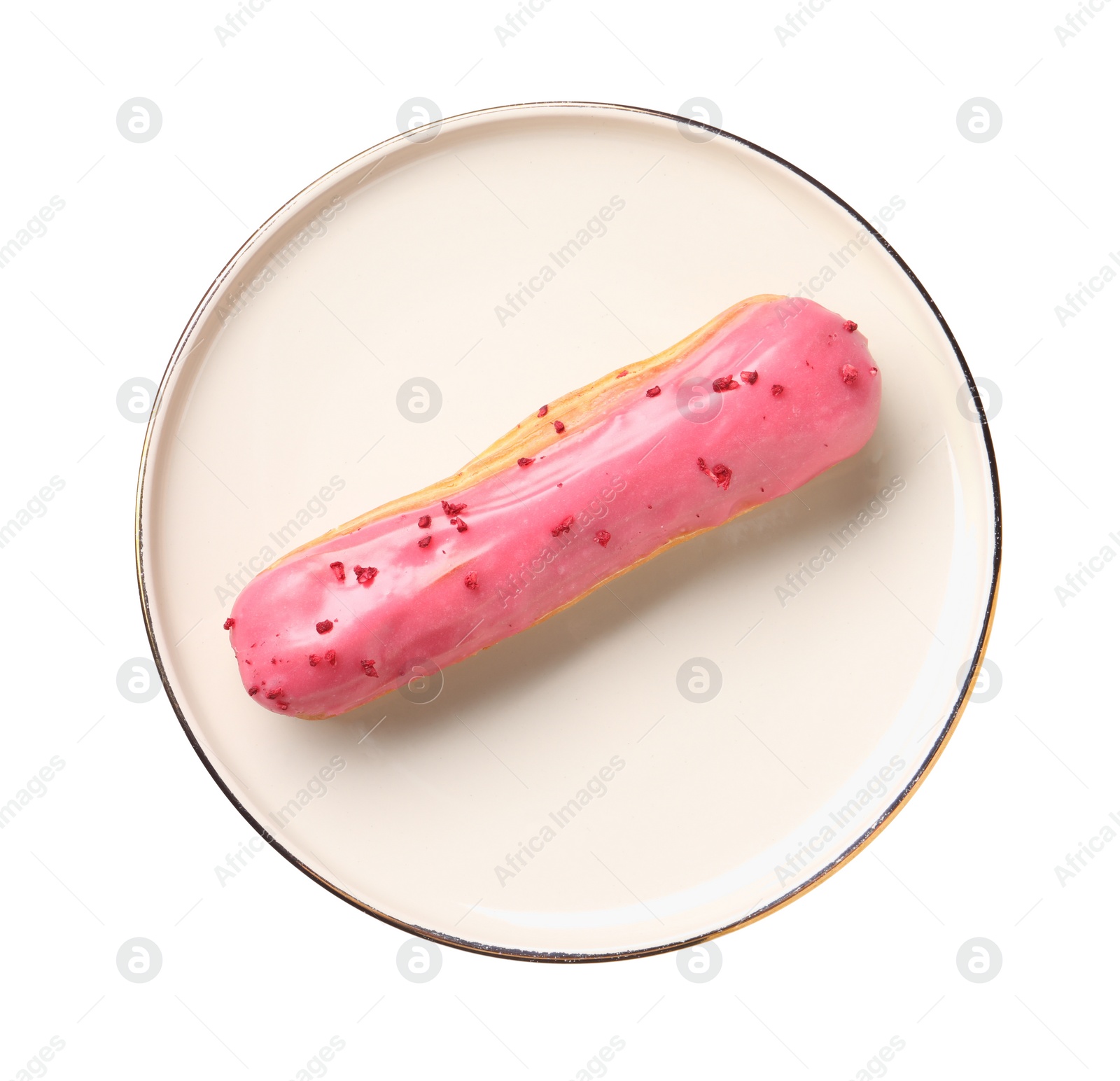 Photo of Delicious eclair covered with pink glaze isolated on white, top view