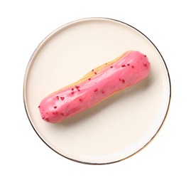 Delicious eclair covered with pink glaze isolated on white, top view