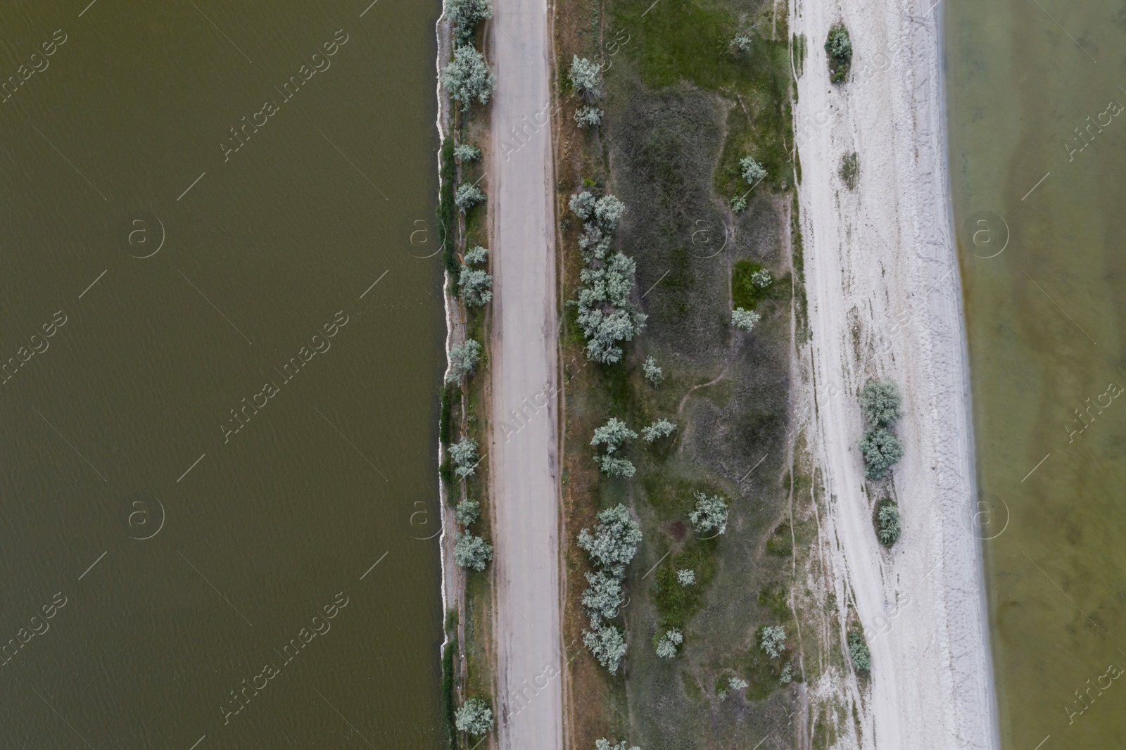 Image of Beautiful aerial view of spit in river on cloudy day