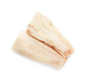 Photo of Fresh raw cod fillets isolated on white, top view