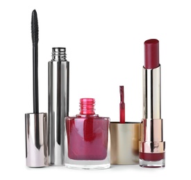 Photo of Different luxury cosmetic products on white background