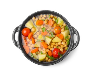 Tasty chickpea soup in bowl on white background, top view