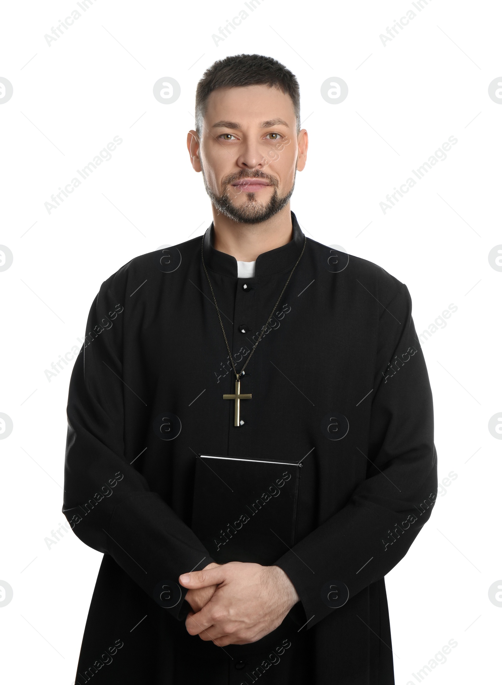 Photo of Priest with Bible and cross on white background