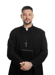 Photo of Priest with Bible and cross on white background