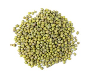 Pile of green mung beans isolated on white, top view. Organic grains