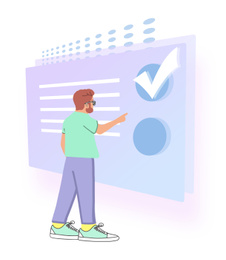 Illustration of Student choosing answer from checkbox. Distant exam, online test - flat illustration