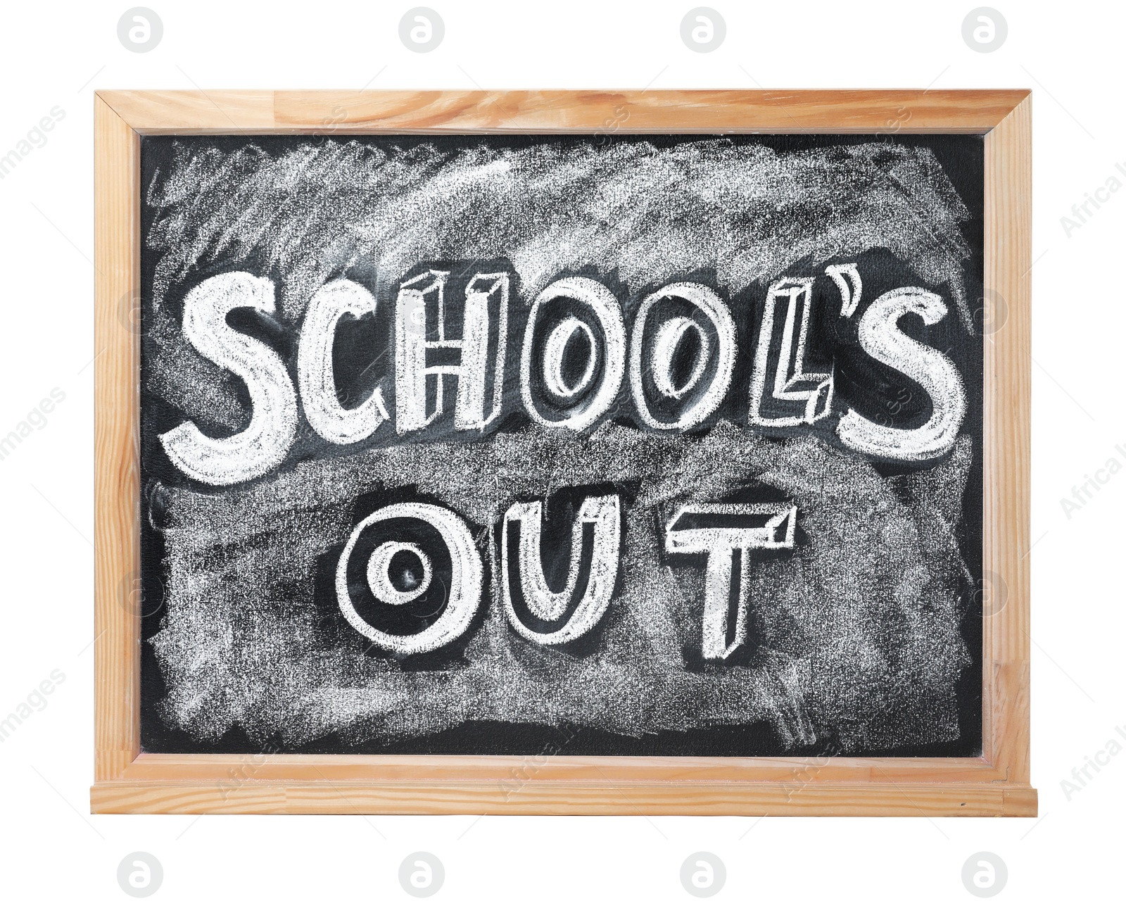 Photo of Chalkboard with text School's Out isolated on white. Summer holidays