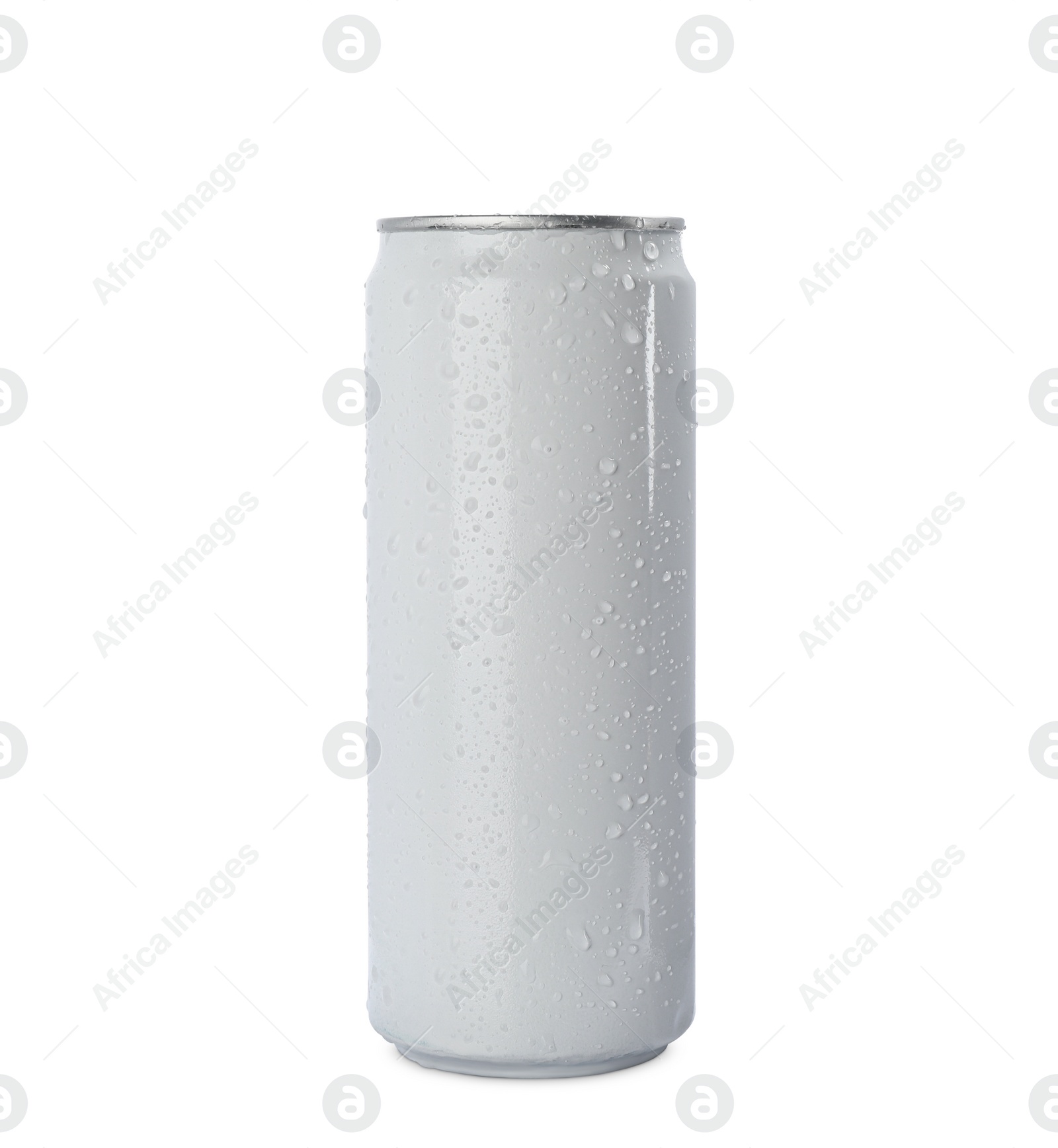 Photo of Can of energy drink with water drops isolated on white. Mockup for design