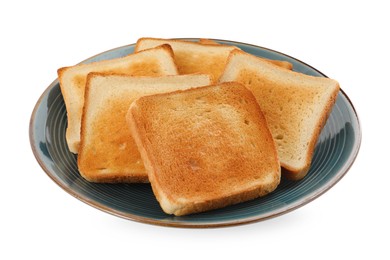 Photo of Plate with slices of delicious toasted bread on white background