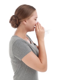 Photo of Young woman suffering from allergy on white background