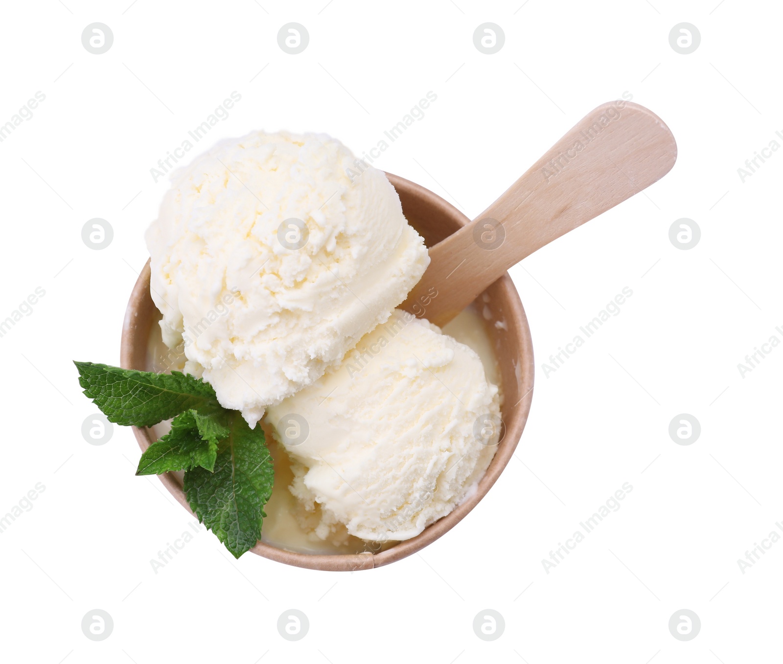 Photo of Paper cup with tasty ice cream and mint leaves isolated on white, top view