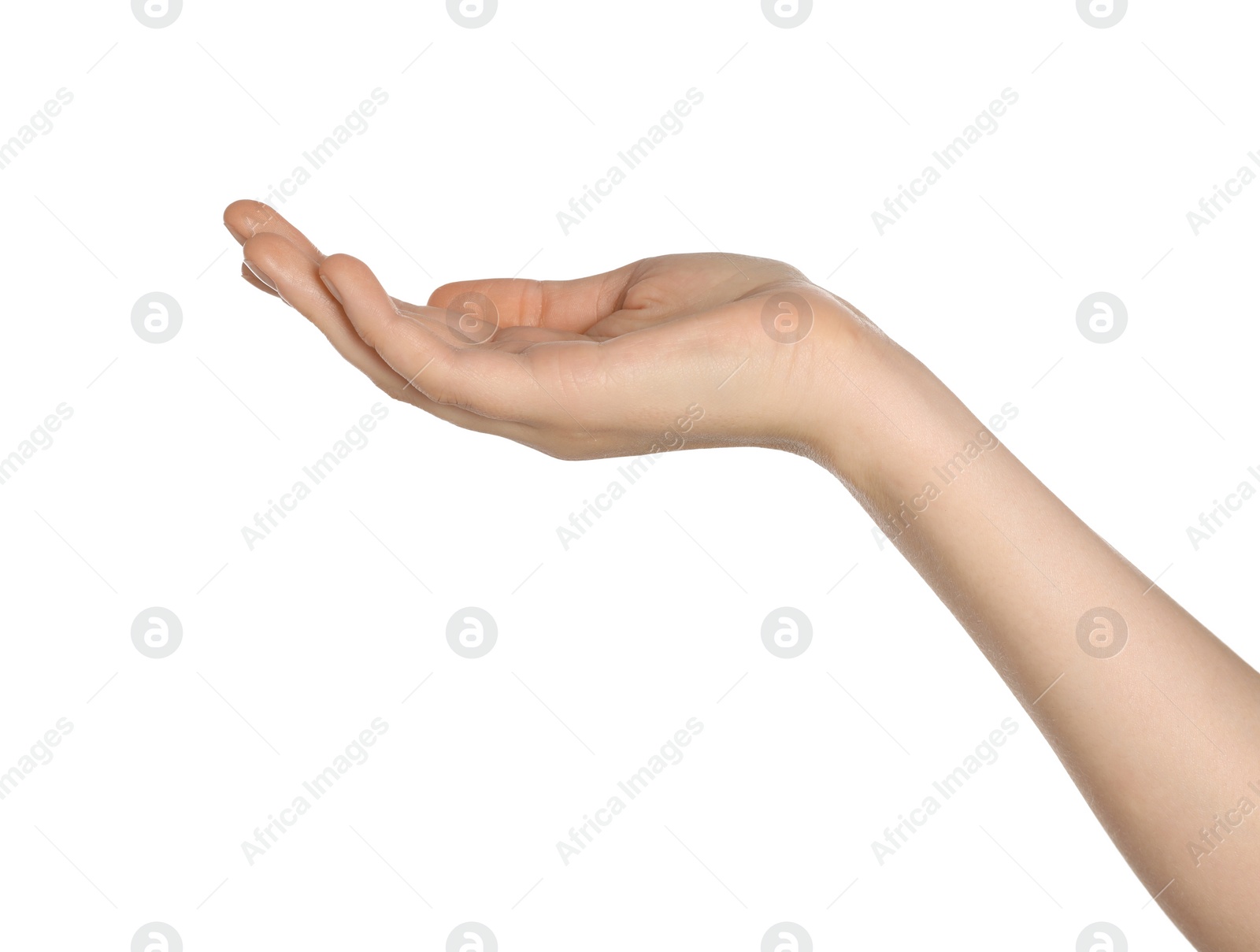 Photo of Woman holding something on white background, closeup of hand