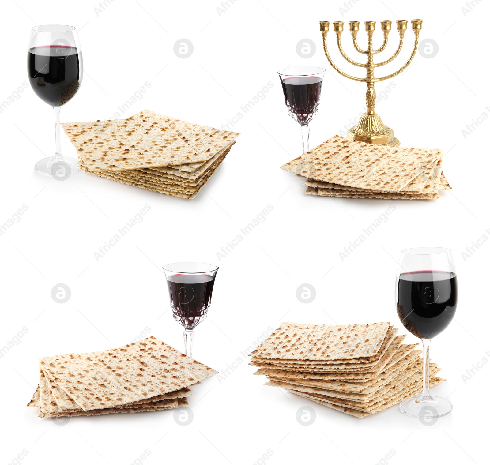 Image of Set with Passover matzos, red wine and menorah on white background. Pesach celebration