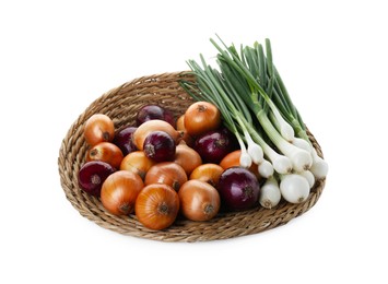 Photo of Wicker mat with different kinds of onions isolated on white