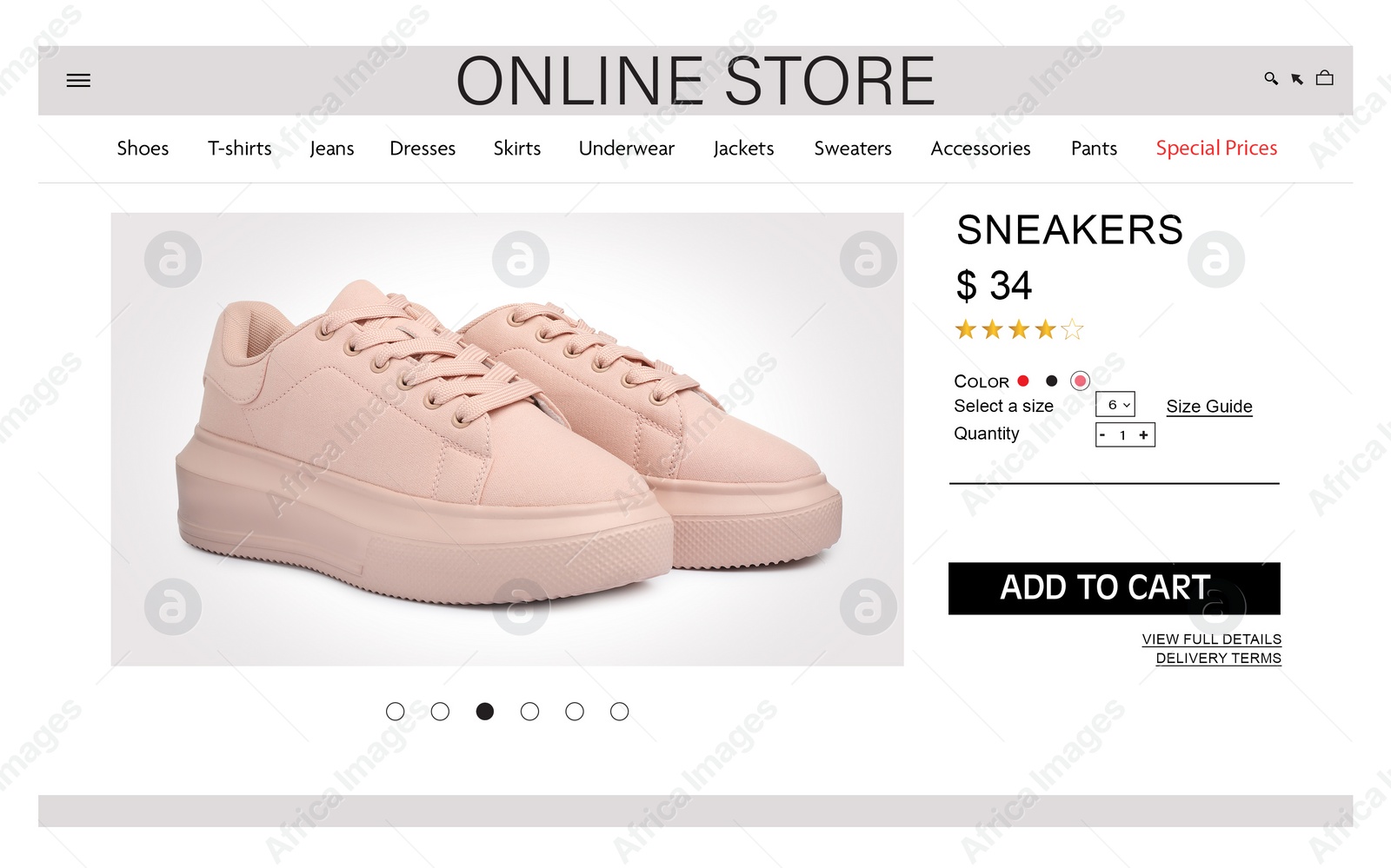 Image of Online store website page with stylish shoes and information. Image can be pasted onto laptop or tablet screen