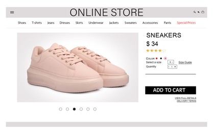 Image of Online store website page with stylish shoes and information. Image can be pasted onto laptop or tablet screen