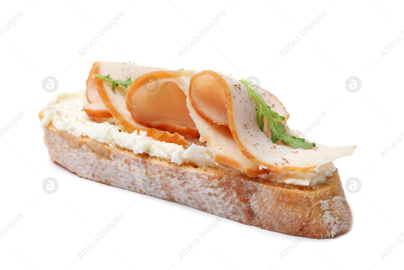 Photo of Delicious chicken bruschetta on white background. Traditional Italian antipasto