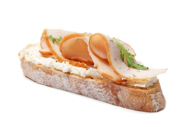 Photo of Delicious chicken bruschetta on white background. Traditional Italian antipasto