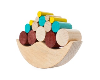 Photo of Wooden balance toy isolated on white. Children's development