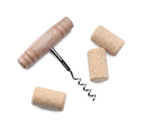 Photo of Corkscrew and wine bottle stoppers on white background, top view