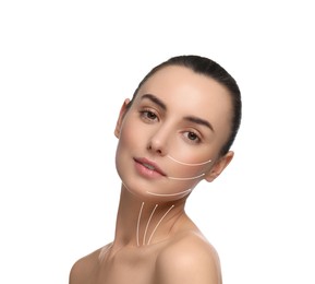 Image of Attractive woman with perfect skin after cosmetic treatment on white background. Lifting arrows on her face