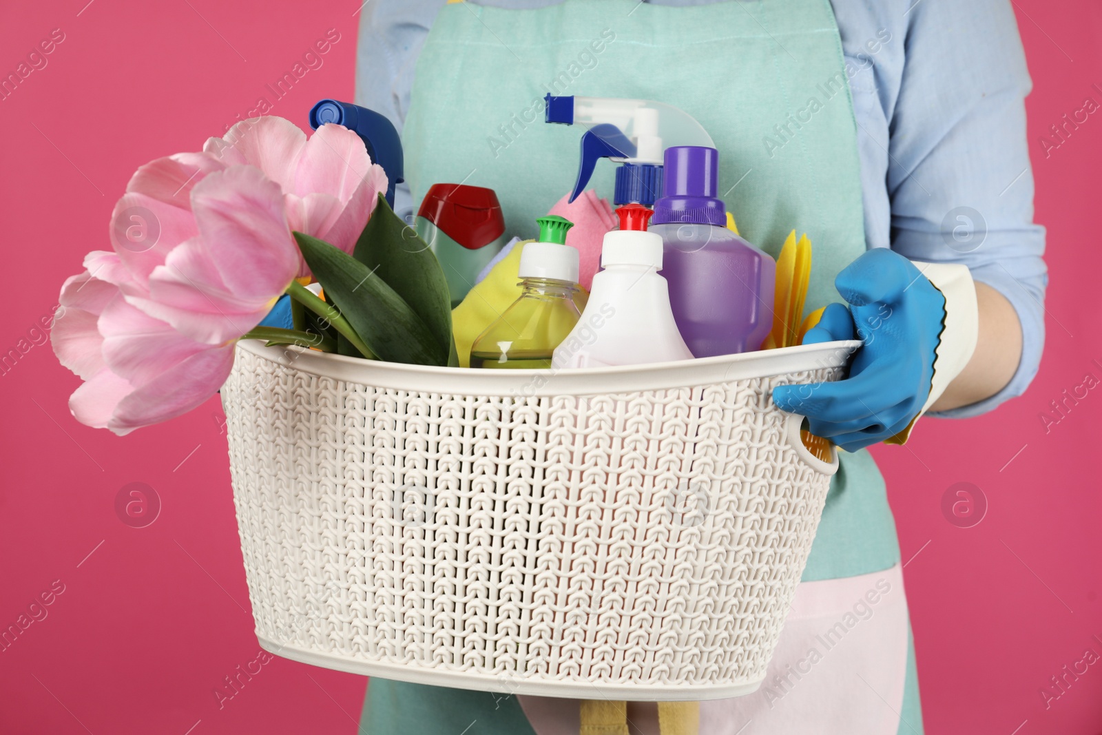 Photo of Woman holding basket with spring flowers and cleaning supplies on pink background, closeup