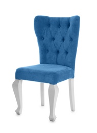 Photo of Stylish blue chair on white background. Element of interior design