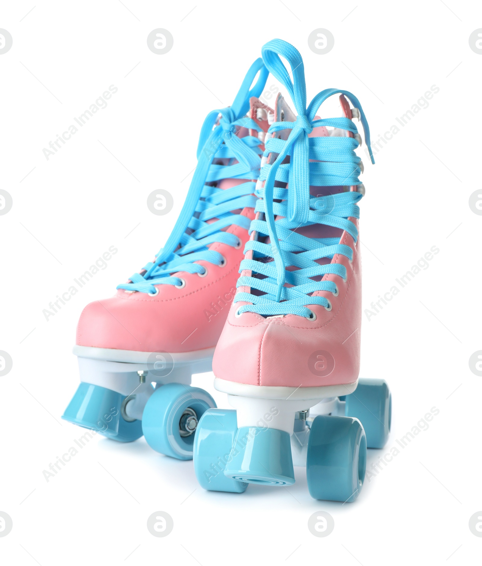 Photo of Pair of bright stylish roller skates on white background