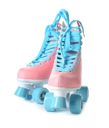 Photo of Pair of bright stylish roller skates on white background