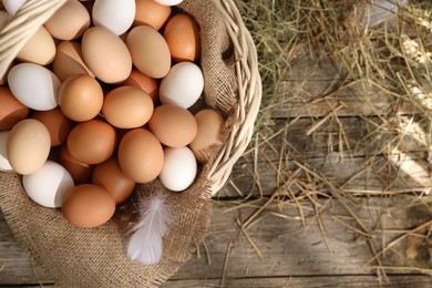 Fresh chicken eggs in wicker basket and dried hay on wooden table, top view. Space for text