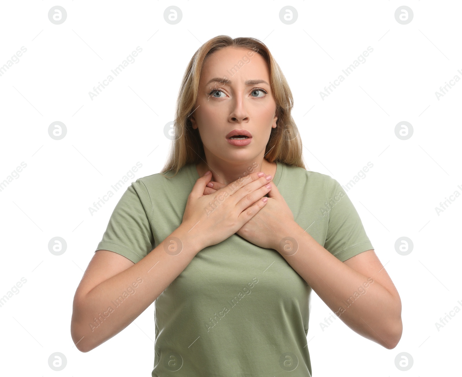 Photo of Young woman suffering from pain during breathing on white background