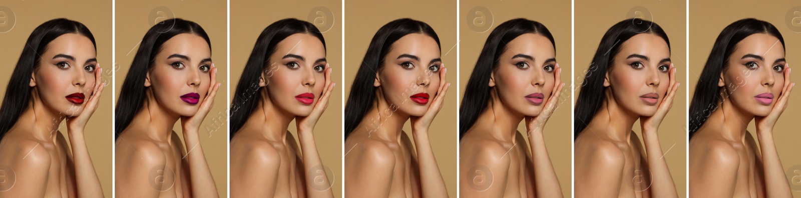 Image of Collage with photos of woman with different beautiful lipsticks on beige background. Banner design