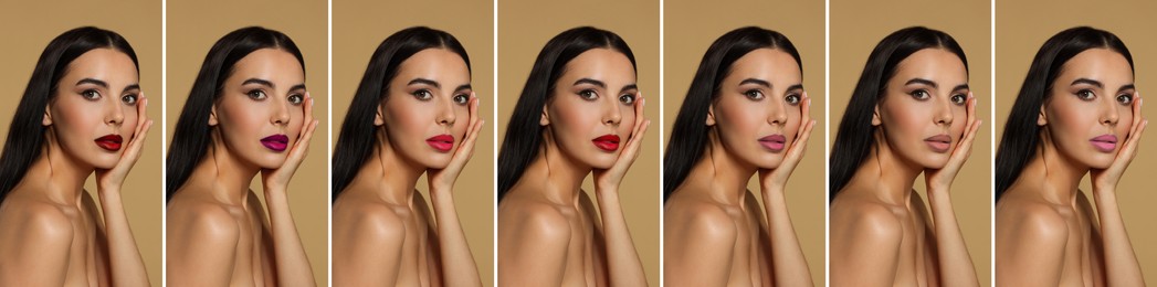 Image of Collage with photos of woman with different beautiful lipsticks on beige background. Banner design