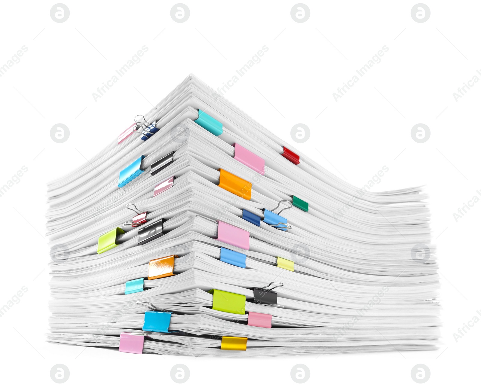 Photo of Stack of documents with colorful binder clips on white background