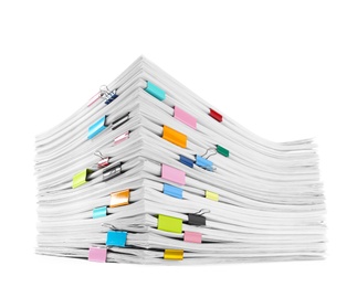 Stack of documents with colorful binder clips on white background