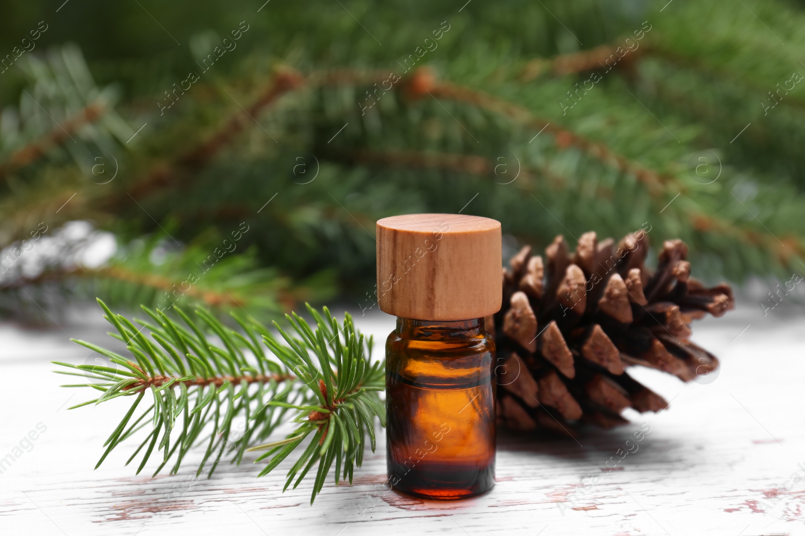 Photo of Bottle of pine essential oil, conifer tree branches and cone on white wooden table, closeup