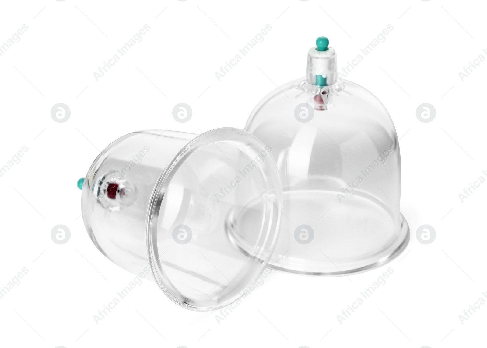 Photo of Plastic cups isolated on white. Cupping therapy