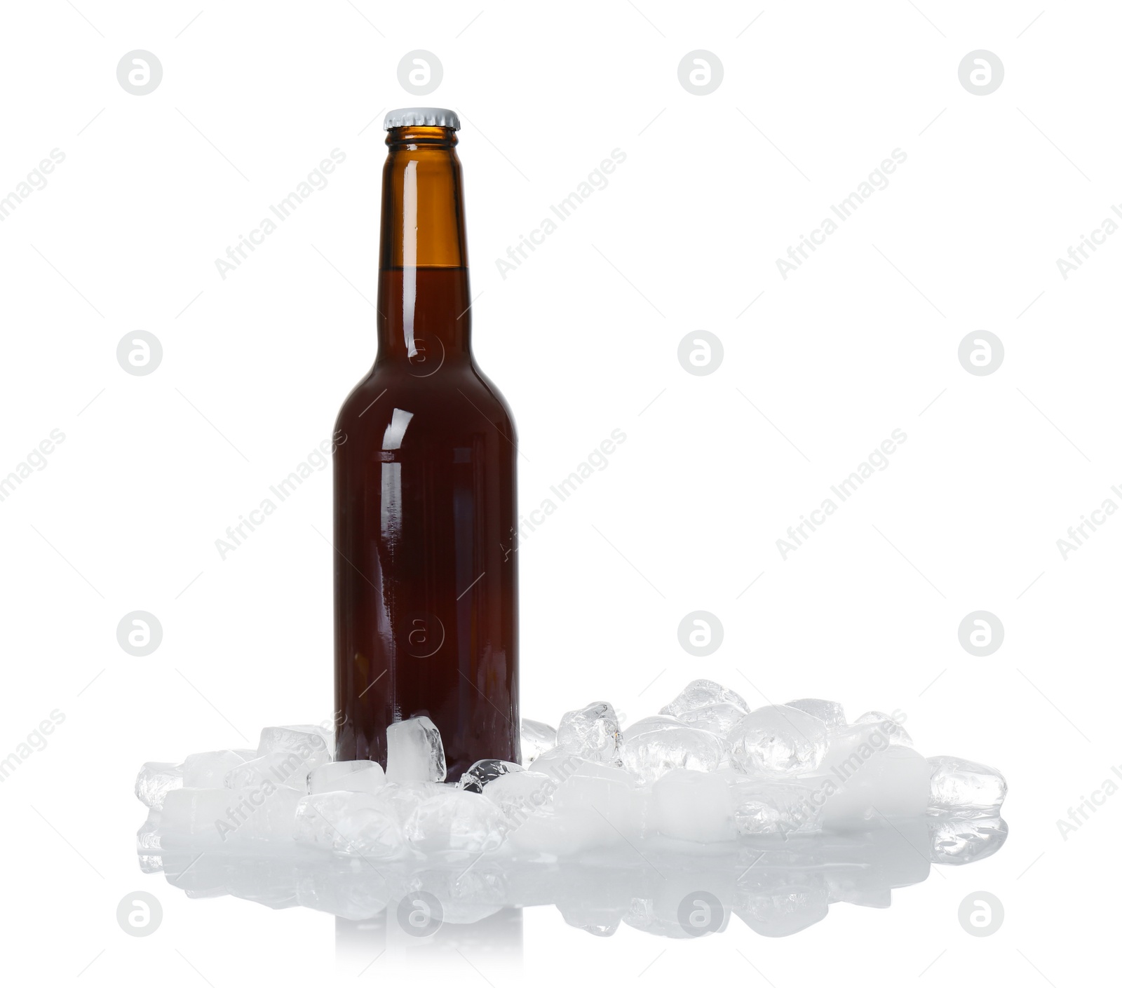 Photo of Bottle of beer and ice cubes on white background