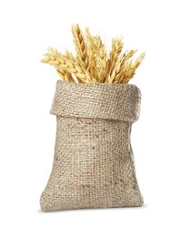 Photo of Sack with ears of wheat on white background