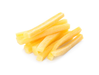 Photo of Raw yellow carrot sticks isolated on white