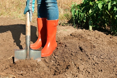 Photo of Woman digging soil with shovel outdoors. Gardening tool