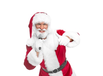 Photo of Santa Claus singing into microphone on white background. Christmas music