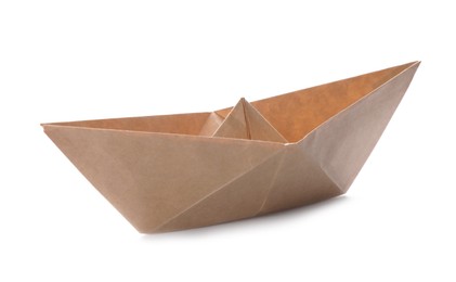 Handmade beige paper boat isolated on white. Origami art